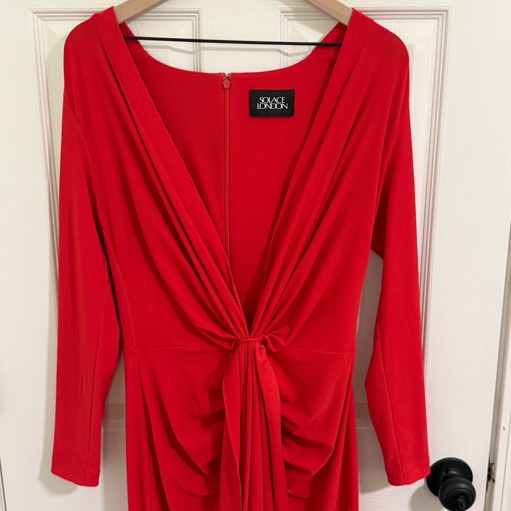 Solace London Lorena Midi Dress Women 8 Red Plunge Knot Draped Cocktail Formal - Picture 7 of 14